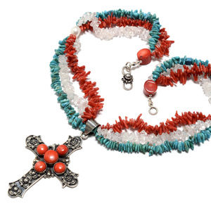 Turquoise & Coral Sterling Silver Cross Necklace